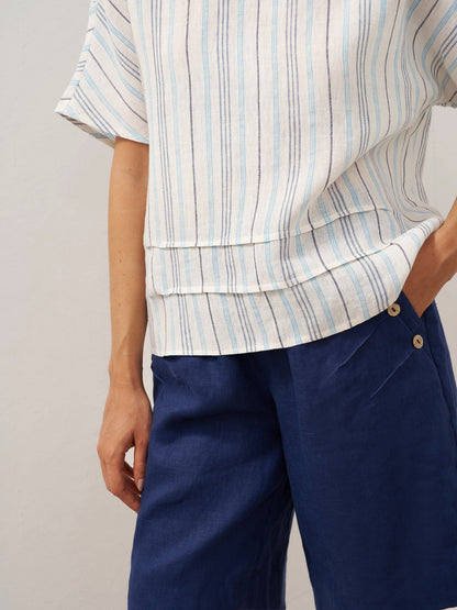 100% Linen Pleated Striped Pullover Top VIA by LINTICO