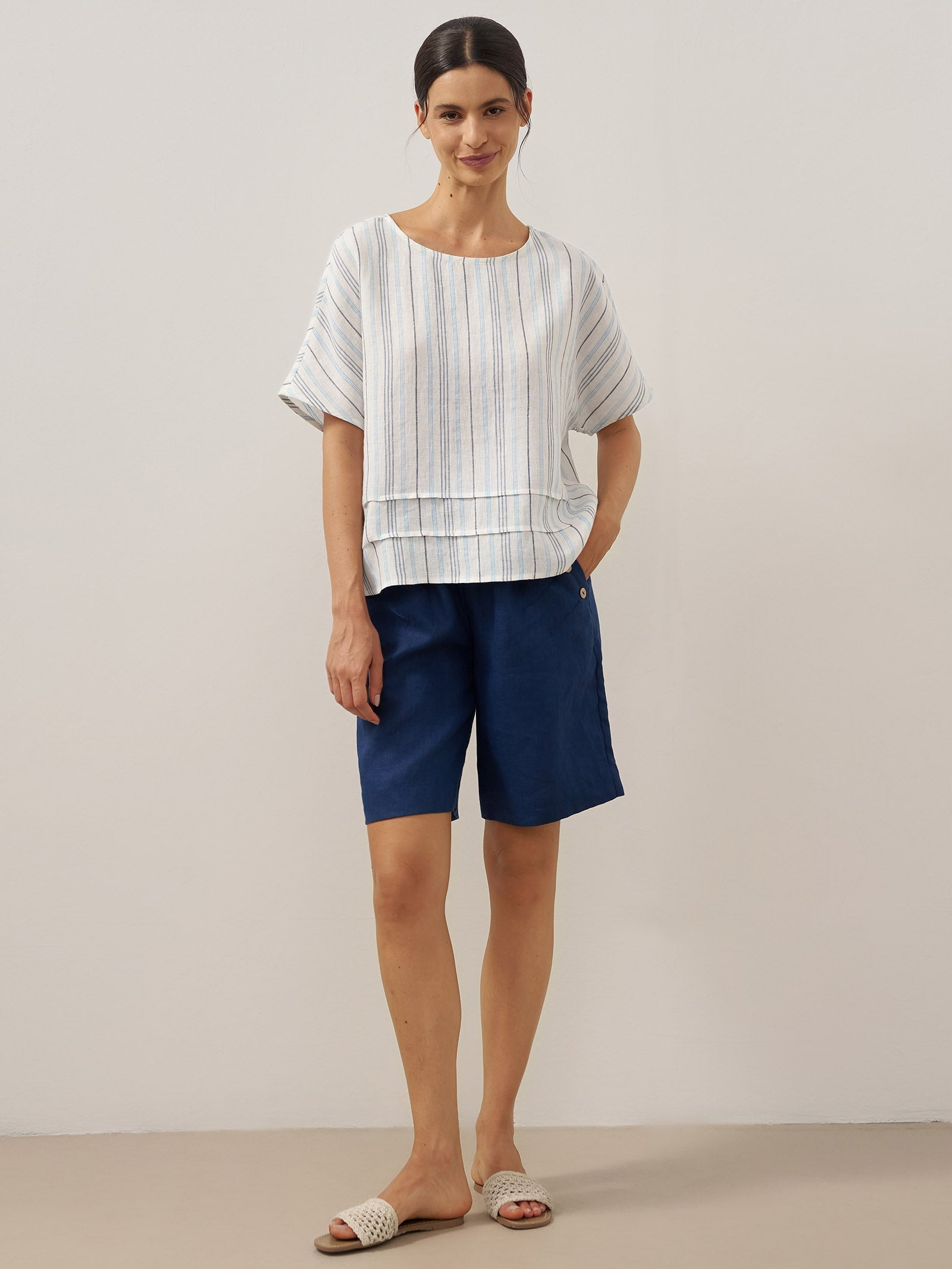 100% Linen Pleated Striped Pullover Top VIA by LINTICO