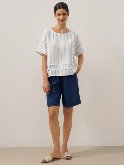 100% Linen Pleated Striped Pullover Top VIA by LINTICO