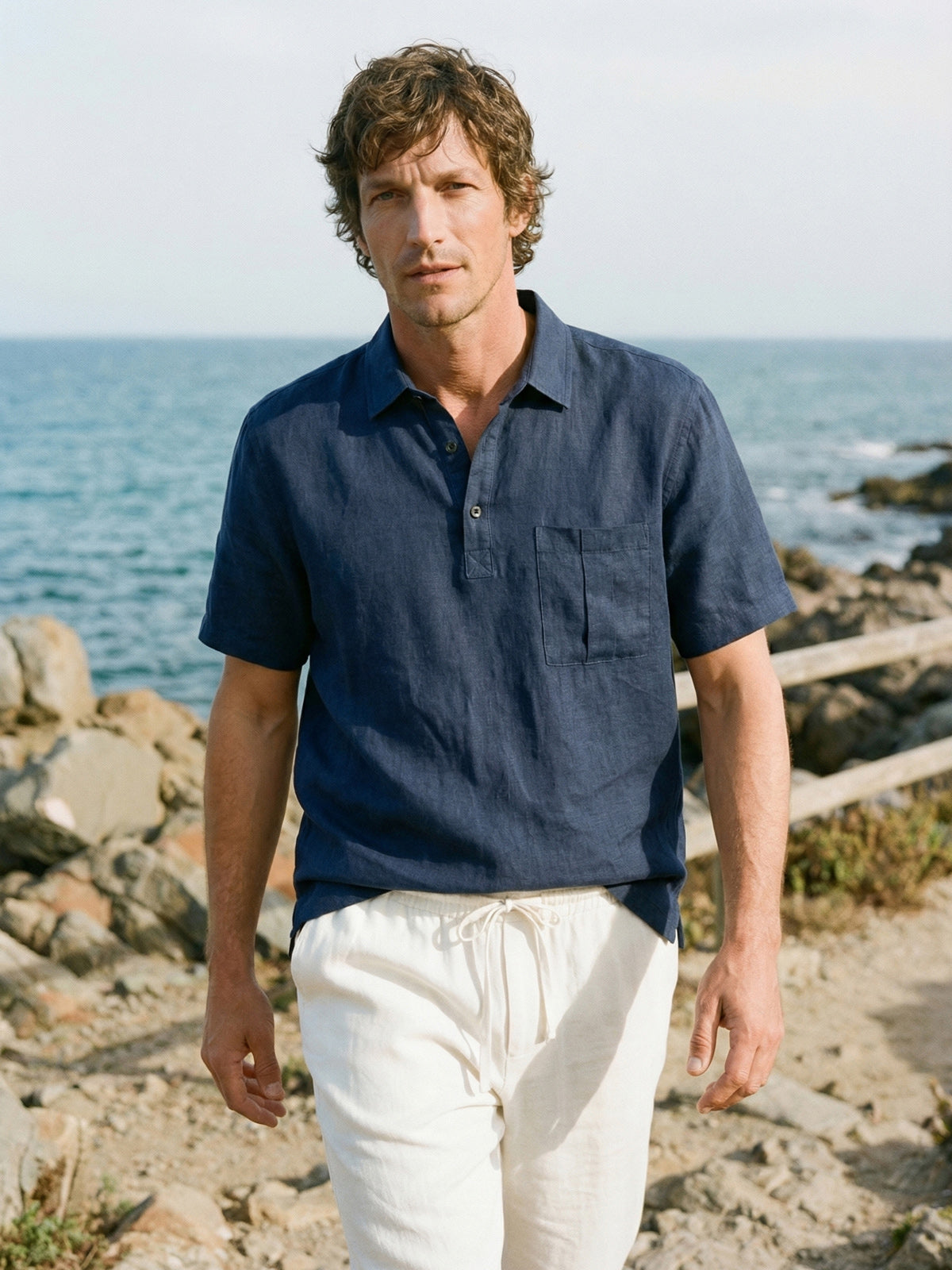 100% Linen Polo-Collar Short-Sleeve Shirt FREDERICK by LINTICO