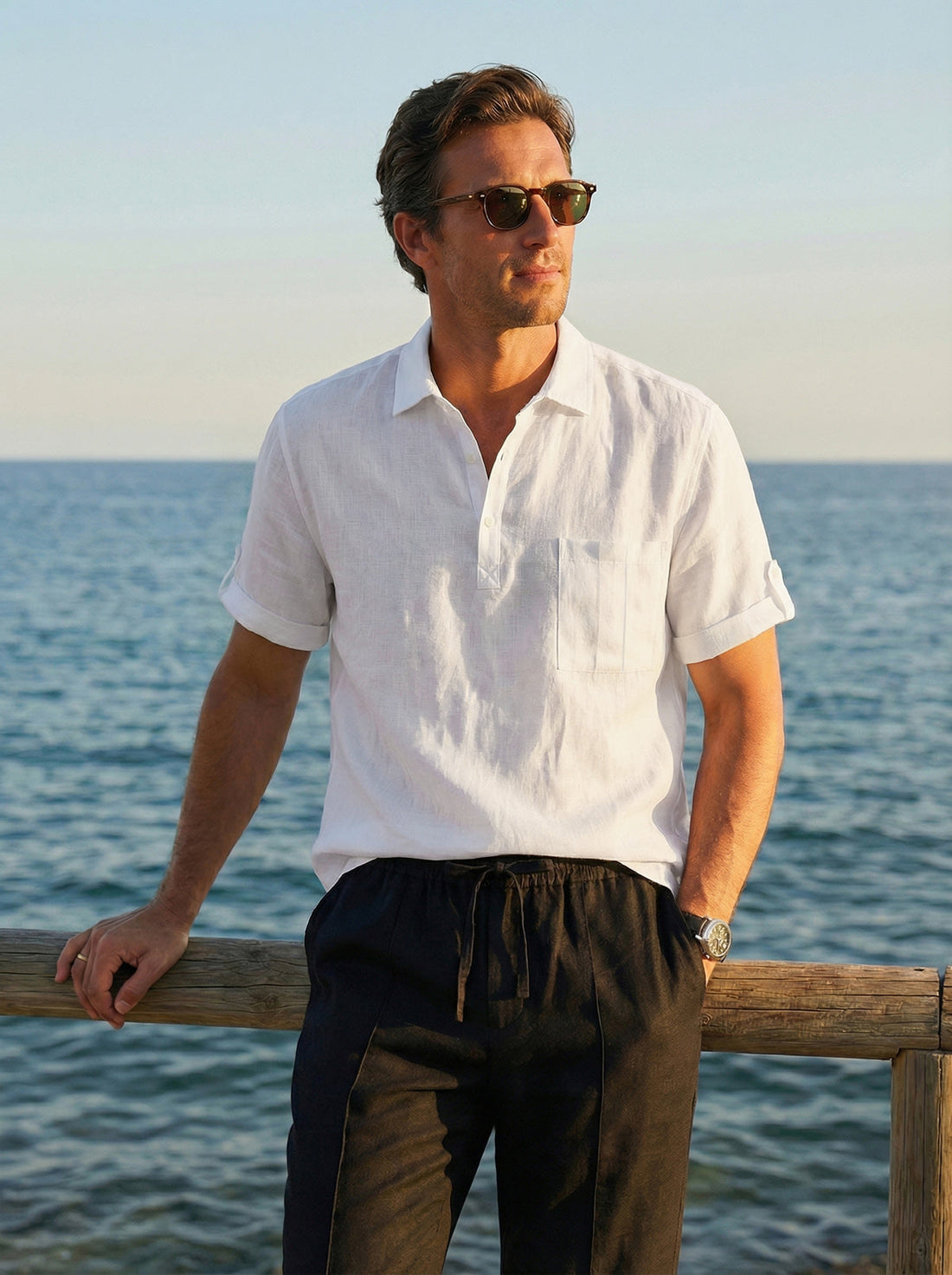 100% Linen Polo-Collar Short-Sleeve Shirt FREDERICK by LINTICO