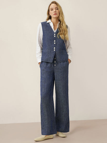 100% Linen Reversible Denim Texture Button Front Vest HARPER by LINTICO