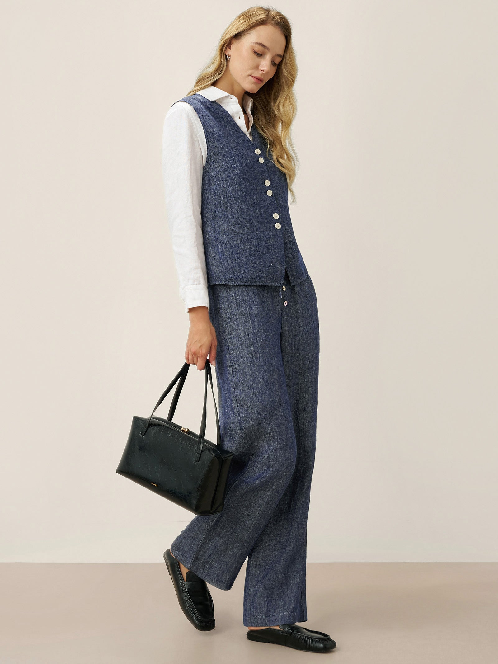 100% Linen Reversible Denim Texture Button Front Vest HARPER by LINTICO