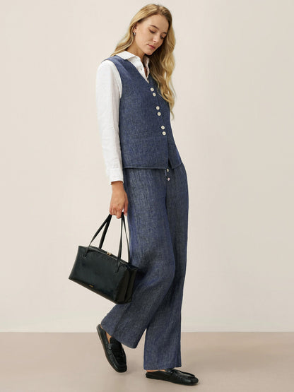 100% Linen Reversible Denim Texture Button Front Vest HARPER by LINTICO