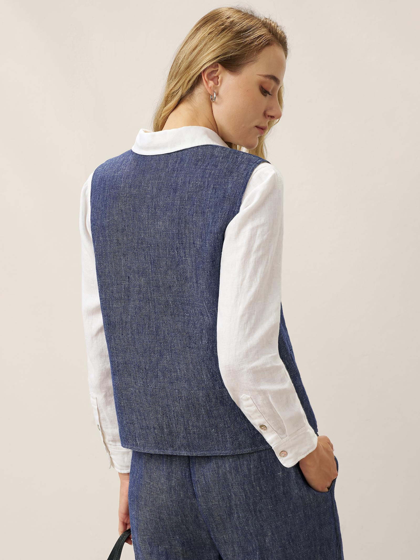 100% Linen Reversible Denim Texture Button Front Vest HARPER by LINTICO