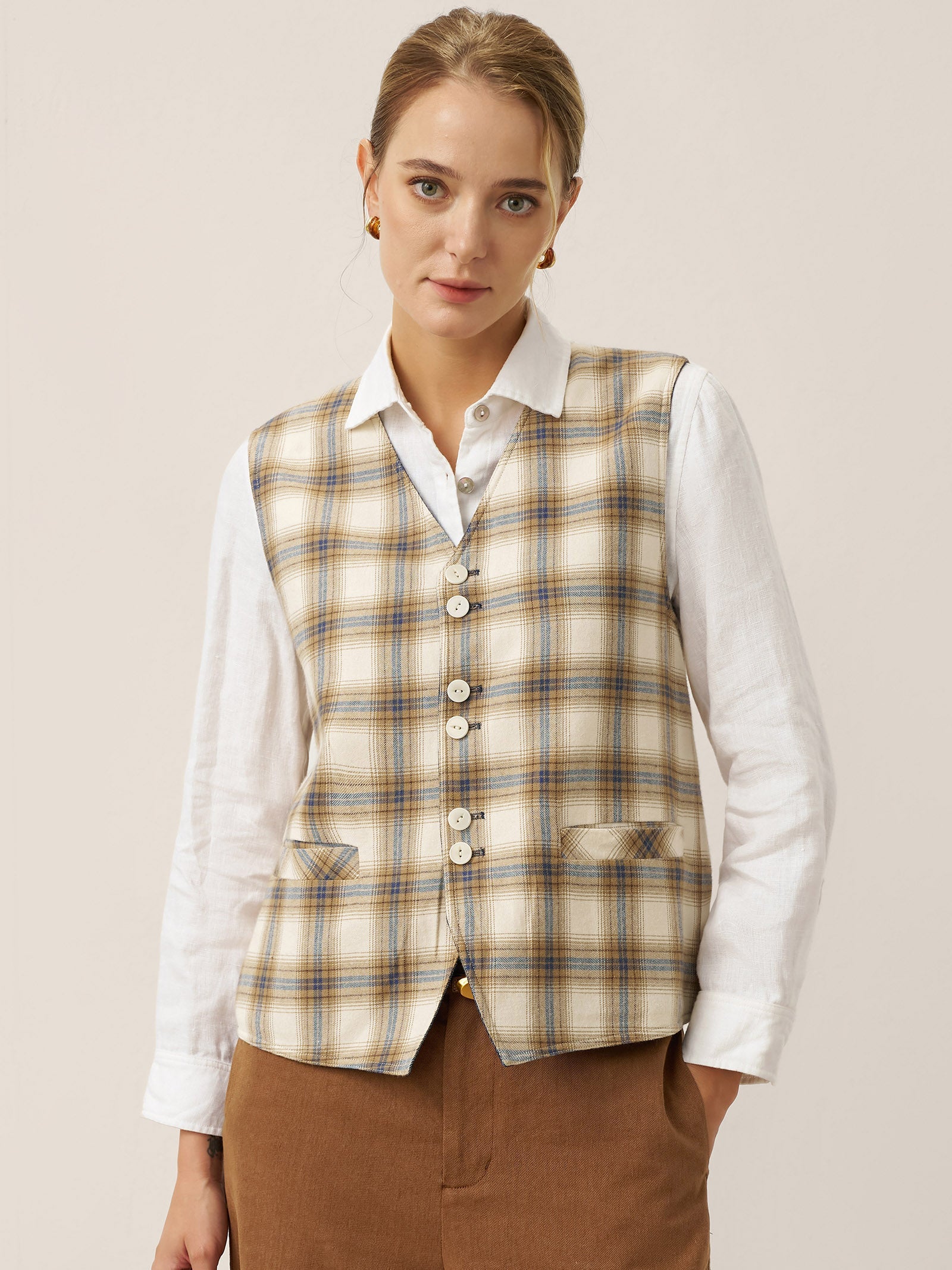 100% Linen Reversible Denim Texture Button Front Vest HARPER by LINTICO