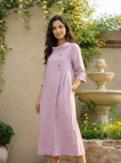 100% Linen Rolled Collar Asymmetric Button Maxi Dress ELARAINE by LINTICO