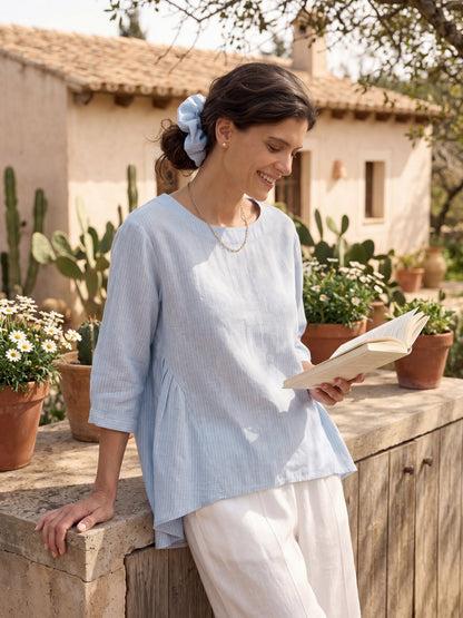 100% Linen Round Neck Artistic Stripe Top FLORENCE by LINTICO