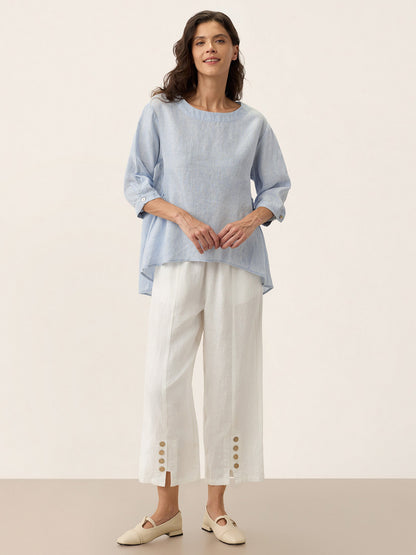100% Linen Round Neck Artistic Stripe Top FLORENCE by LINTICO
