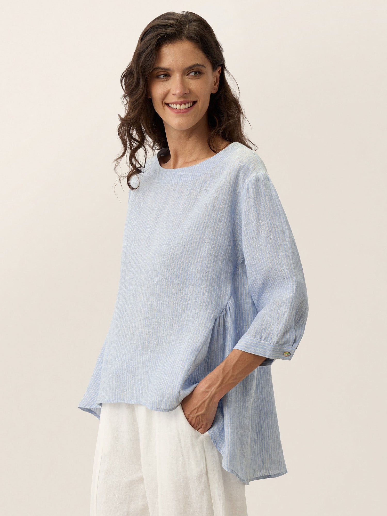 100% Linen Round Neck Artistic Stripe Top FLORENCE by LINTICO