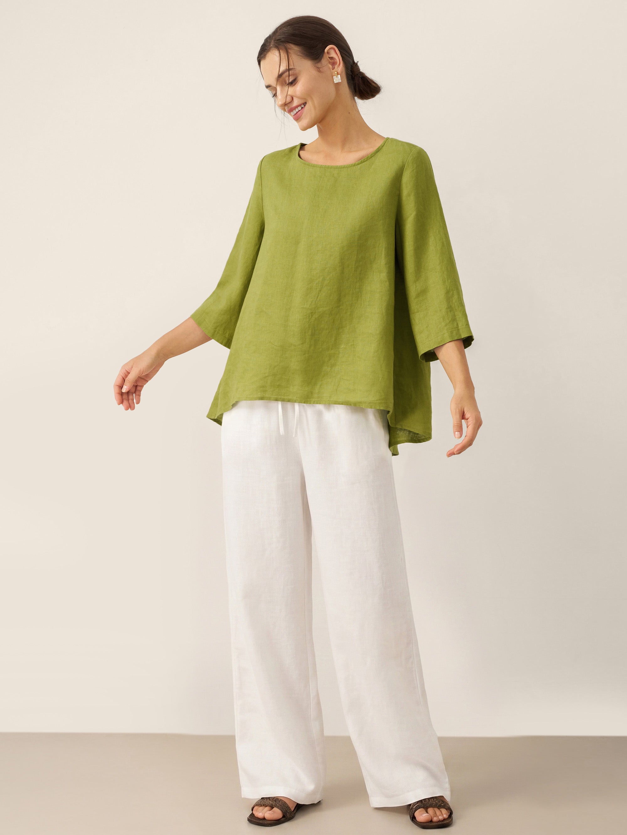 100% Linen Round Neck Asymmetrical Hem Top BRIANNA by LINTICO