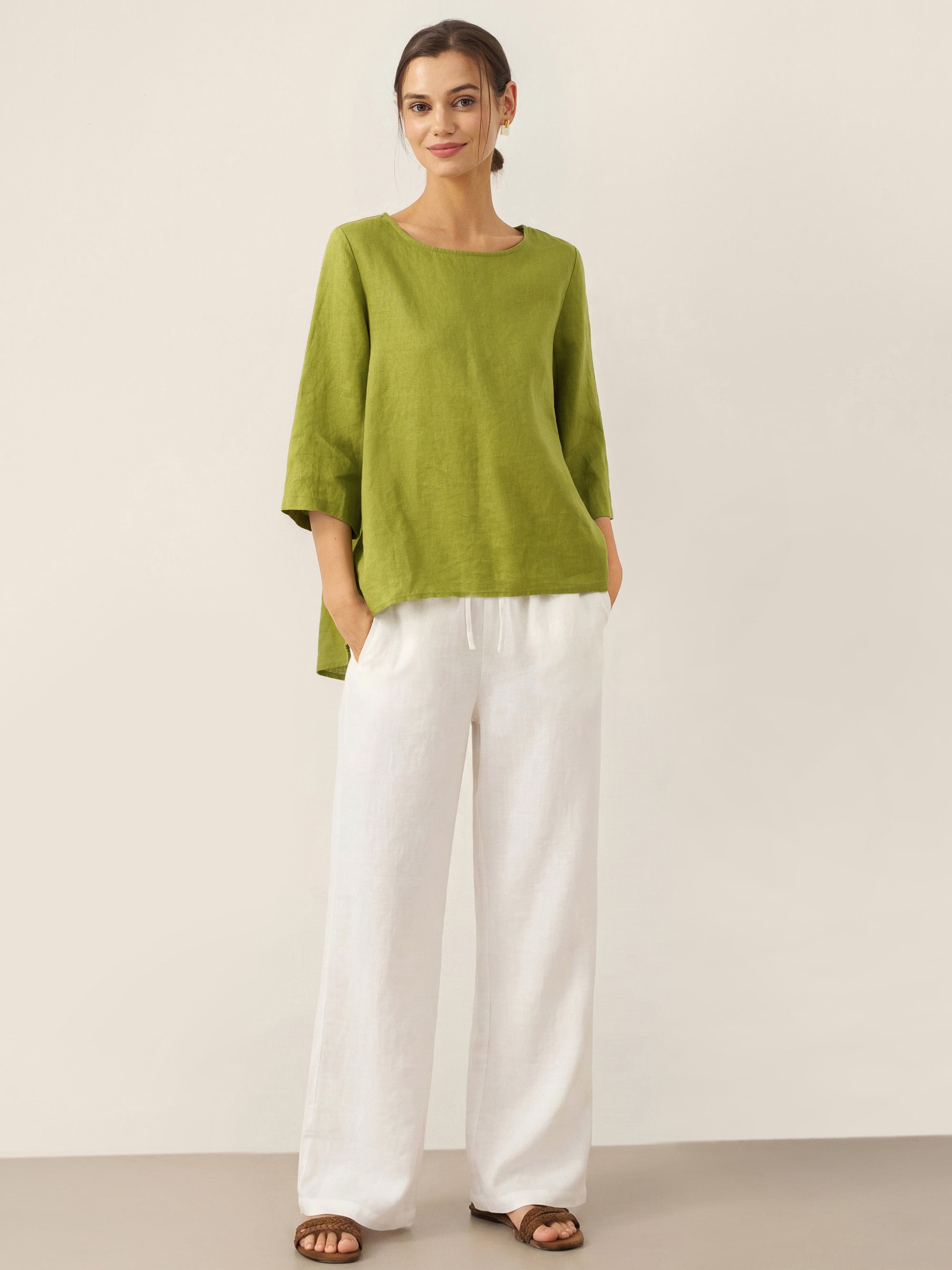 100% Linen Round Neck Asymmetrical Hem Top BRIANNA by LINTICO