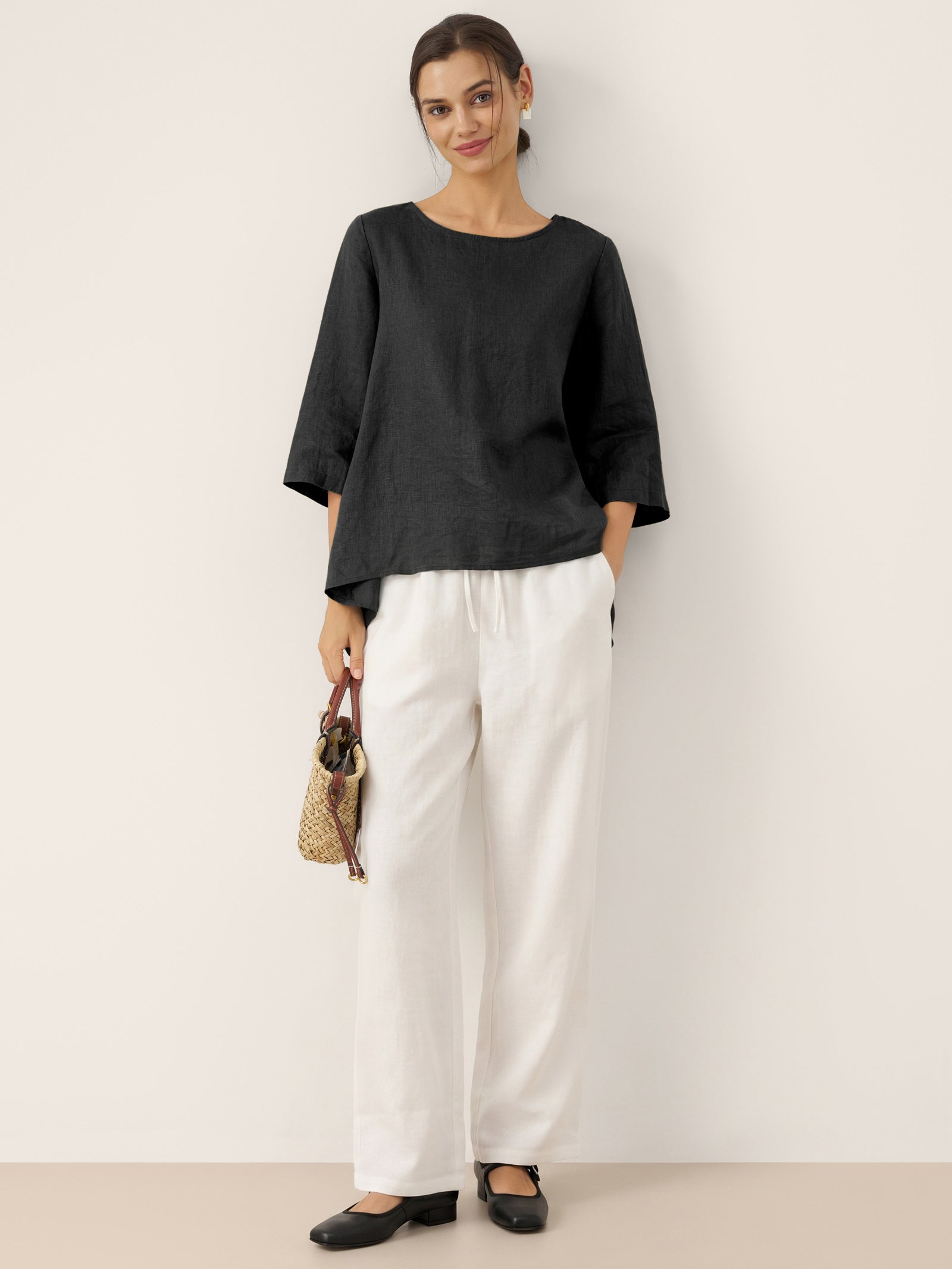 100% Linen Round Neck Asymmetrical Hem Top BRIANNA by LINTICO