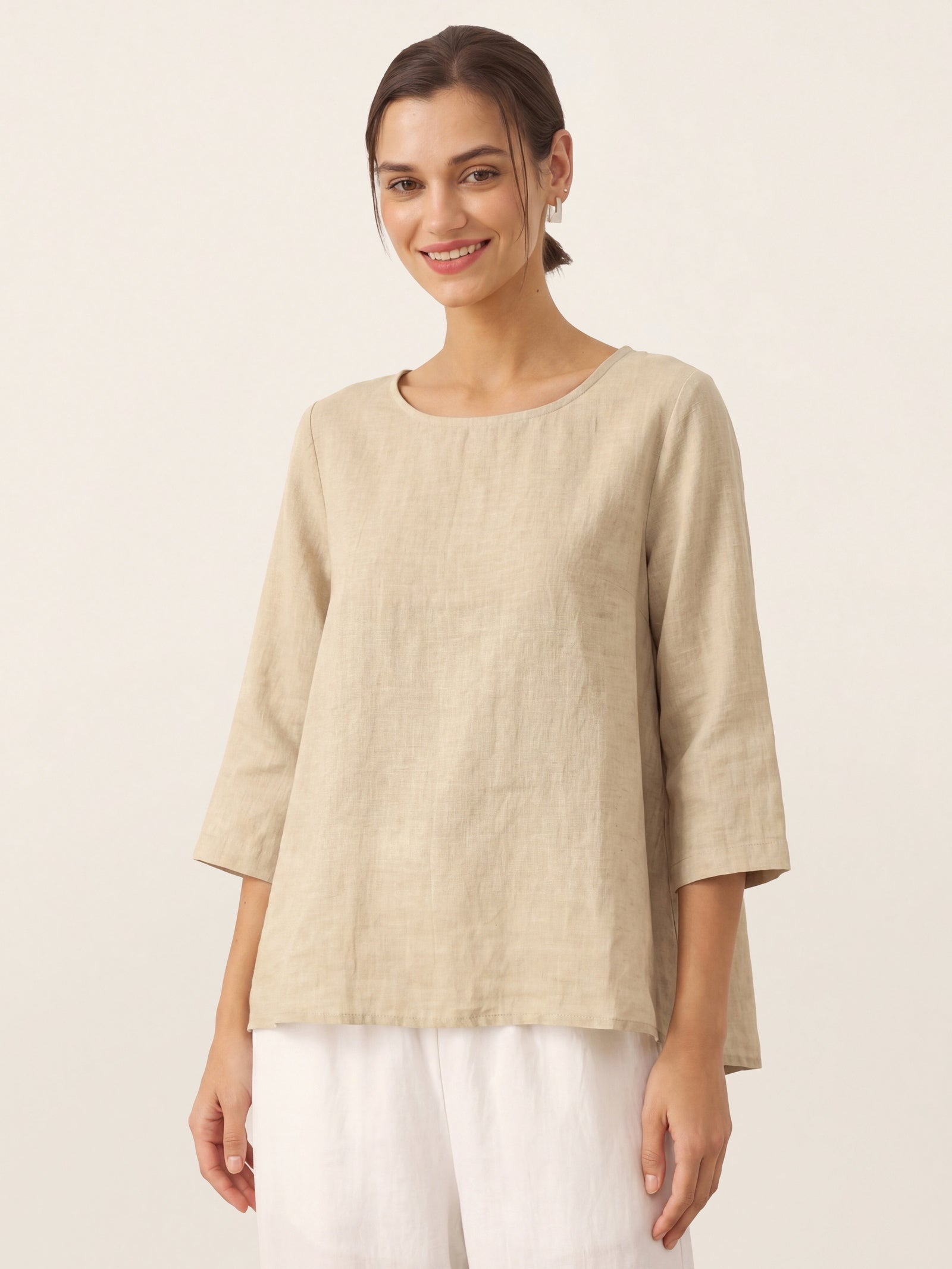 100% Linen Round Neck Asymmetrical Hem Top BRIANNA by LINTICO