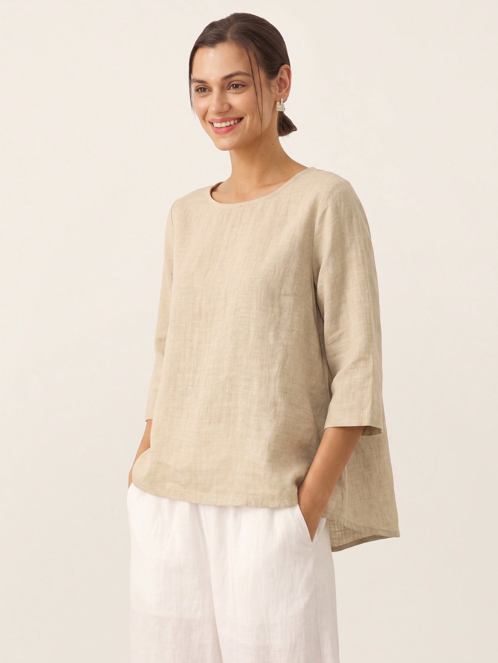 100% Linen Round Neck Asymmetrical Hem Top BRIANNA by LINTICO