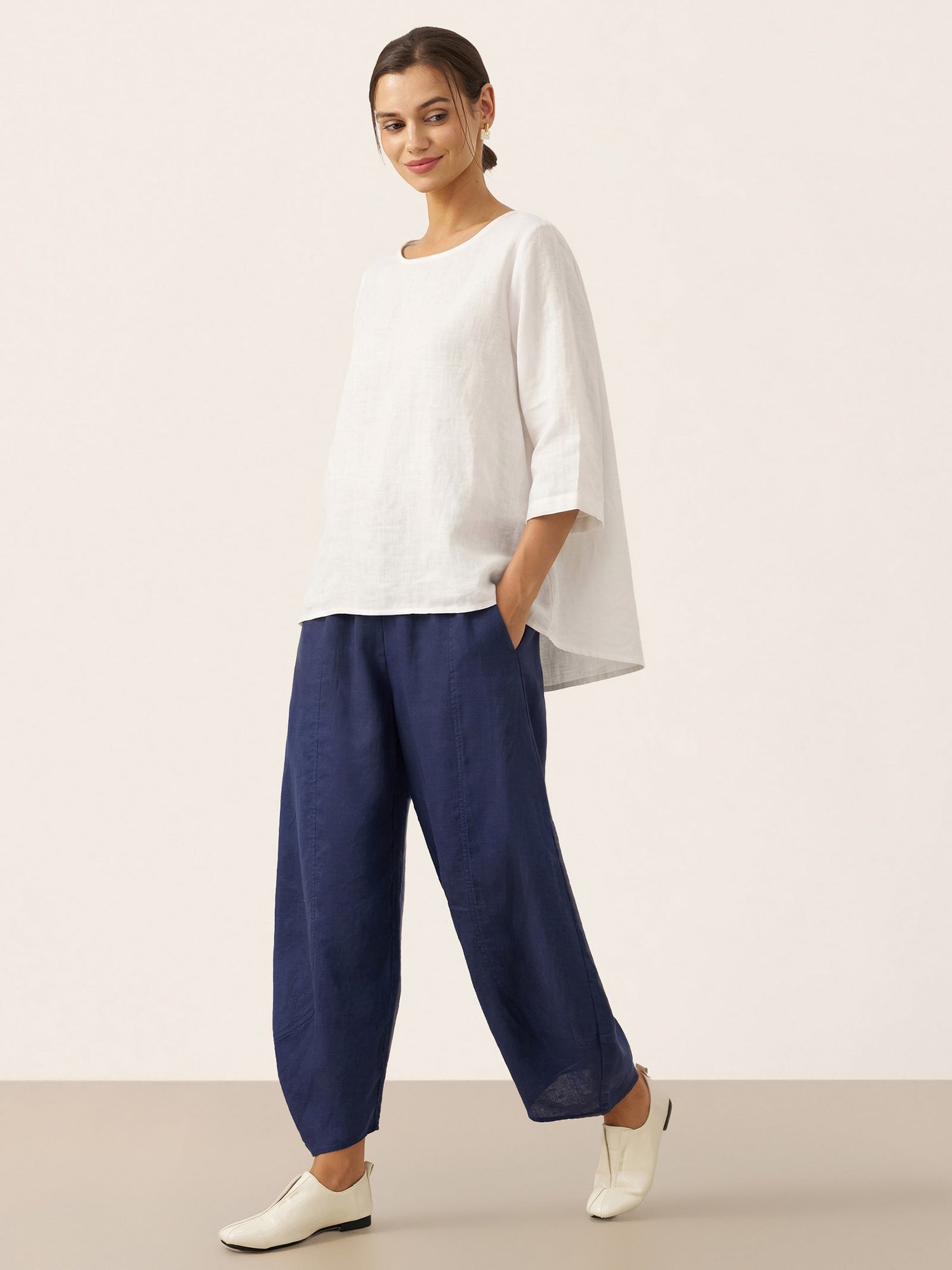 100% Linen Round Neck Asymmetrical Hem Top BRIANNA by LINTICO