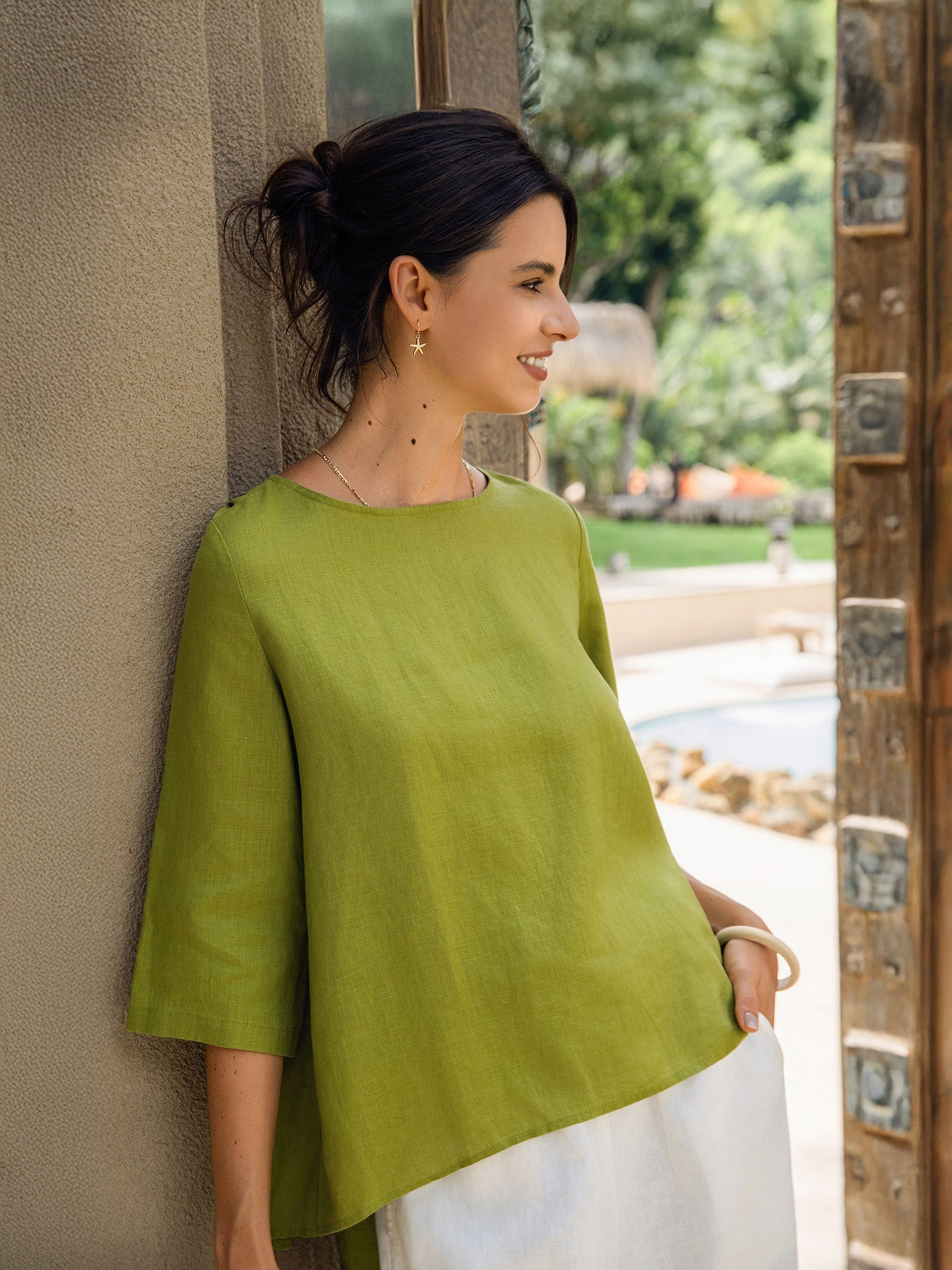 100% Linen Round Neck Asymmetrical Hem Top BRIANNA by LINTICO