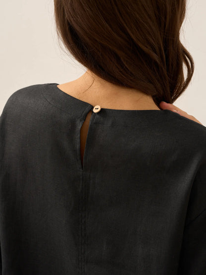 100% Linen Round Neck Button Detail Midi Dress JELENA by LINTICO