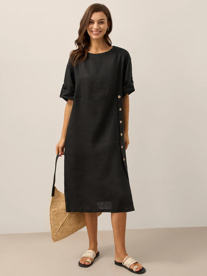 100% Linen Round Neck Button Detail Midi Dress JELENA by LINTICO