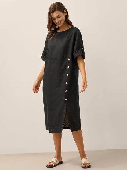 100% Linen Round Neck Button Detail Midi Dress JELENA by LINTICO
