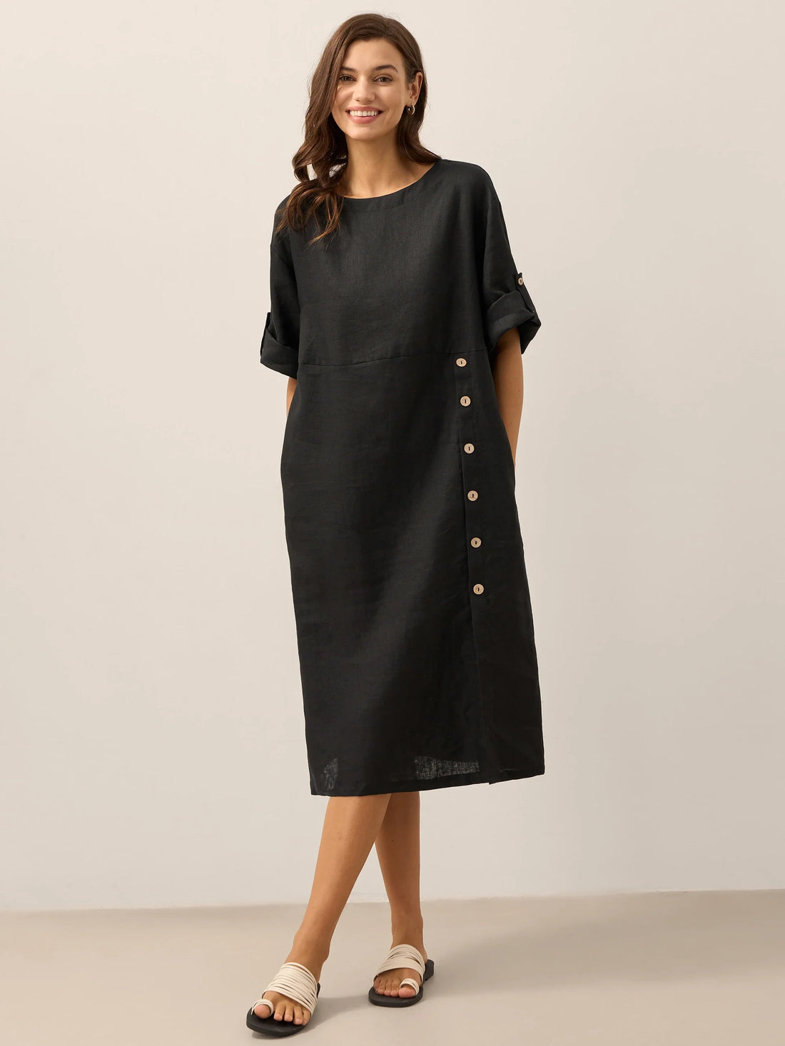 100% Linen Round Neck Button Detail Midi Dress JELENA by LINTICO
