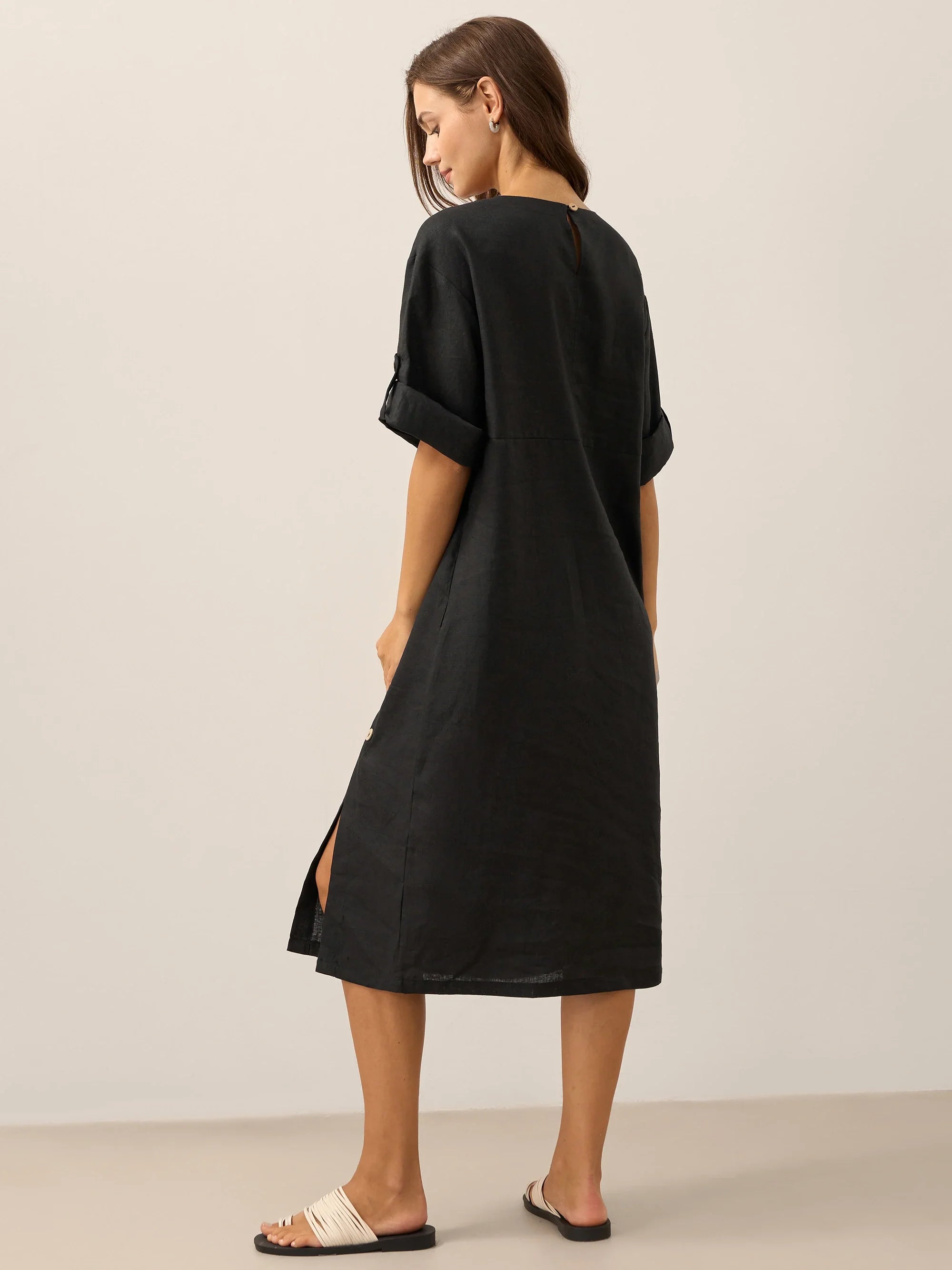 100% Linen Round Neck Button Detail Midi Dress JELENA by LINTICO