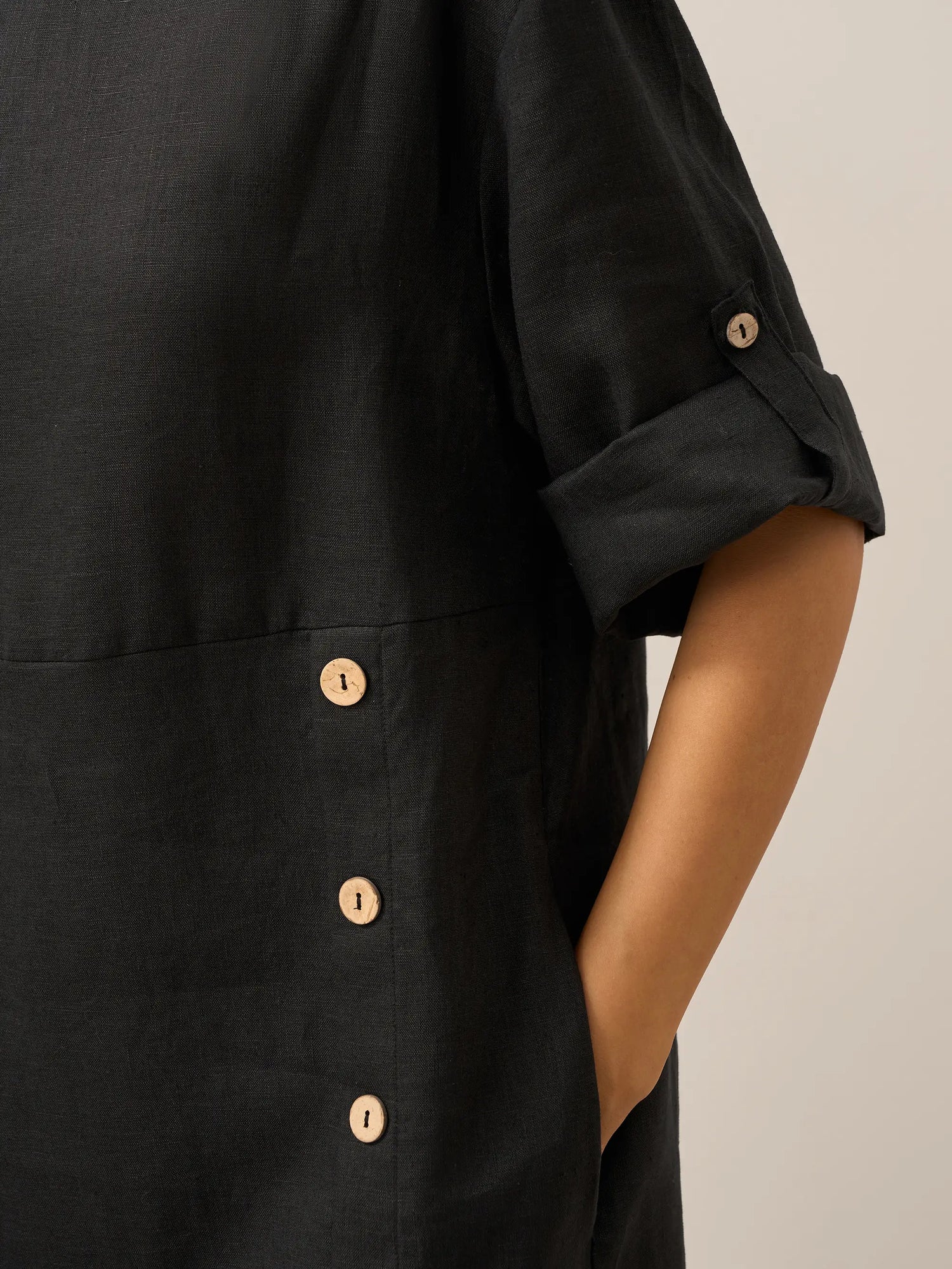 100% Linen Round Neck Button Detail Midi Dress JELENA by LINTICO