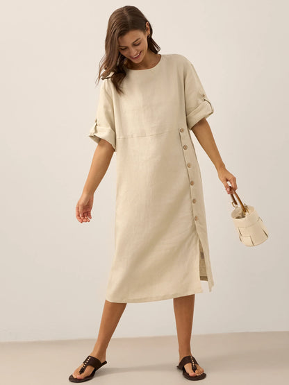 100% Linen Round Neck Button Detail Midi Dress JELENA by LINTICO