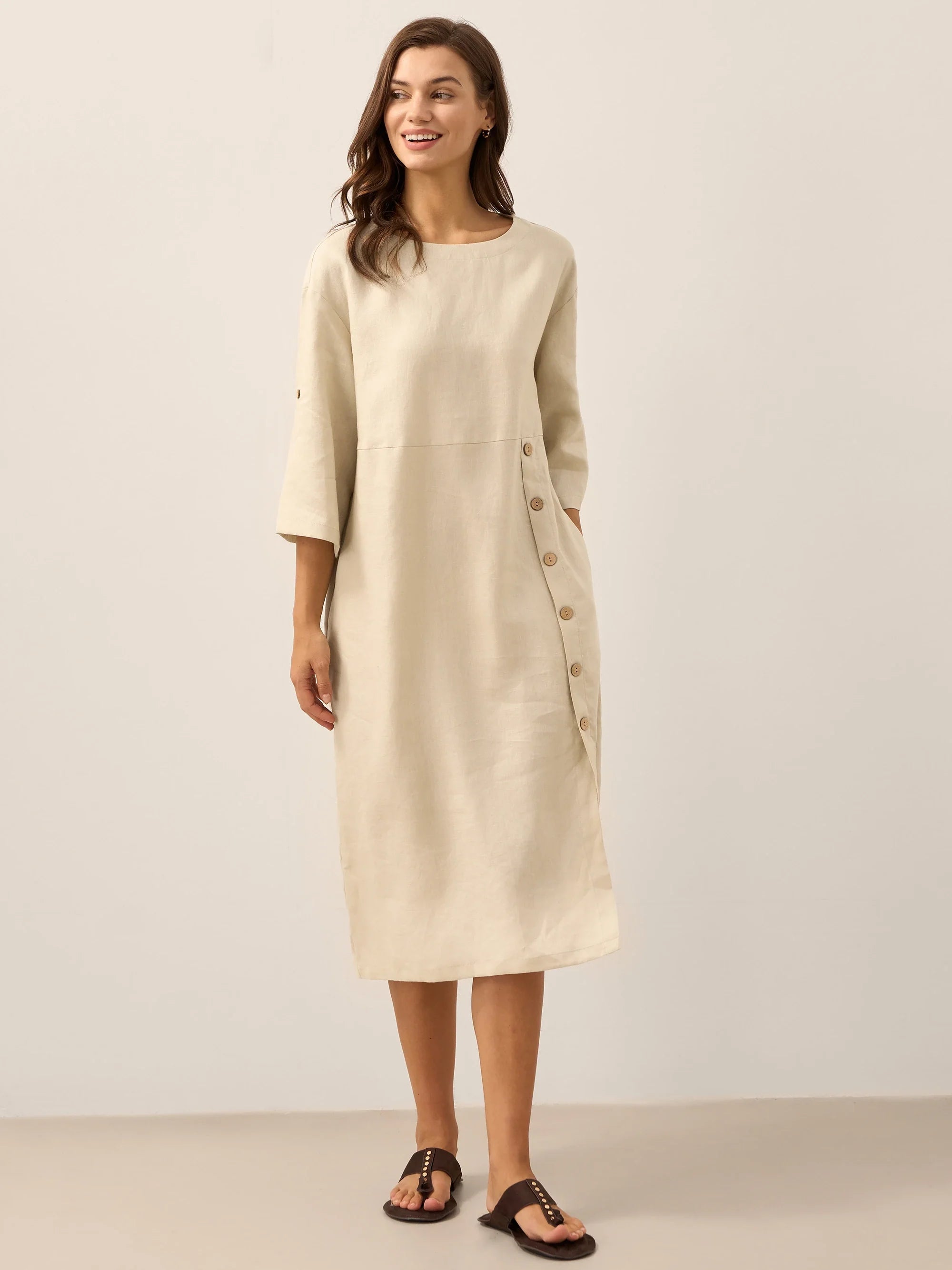 100% Linen Round Neck Button Detail Midi Dress JELENA by LINTICO