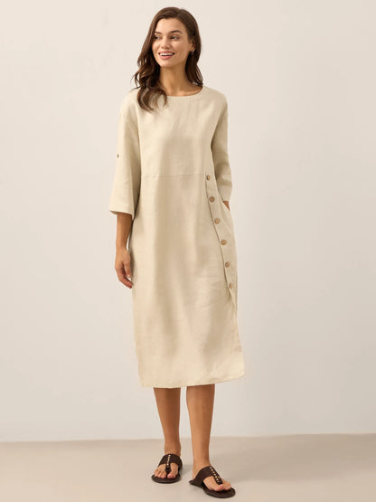 100% Linen Round Neck Button Detail Midi Dress JELENA by LINTICO