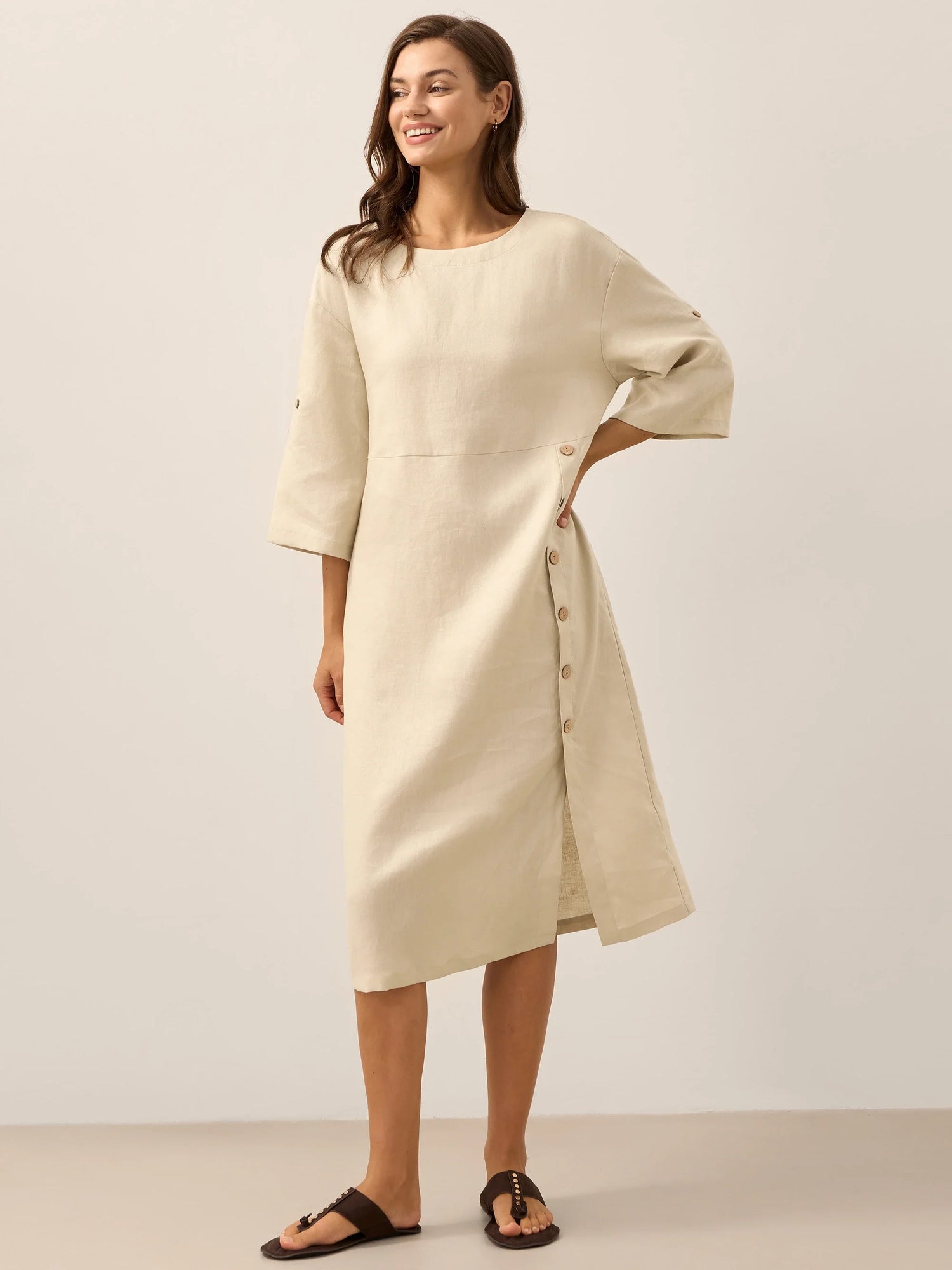 100% Linen Round Neck Button Detail Midi Dress JELENA by LINTICO