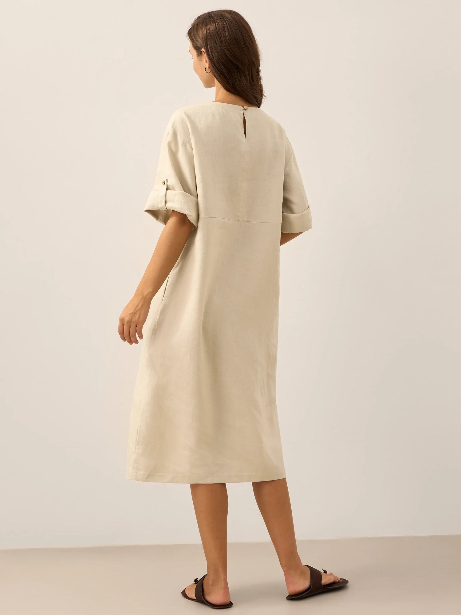 100% Linen Round Neck Button Detail Midi Dress JELENA by LINTICO