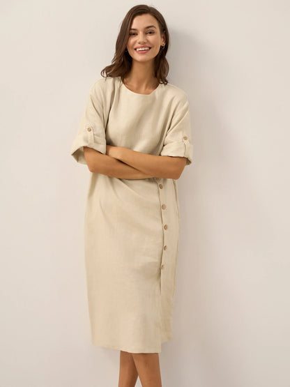 100% Linen Round Neck Button Detail Midi Dress JELENA by LINTICO