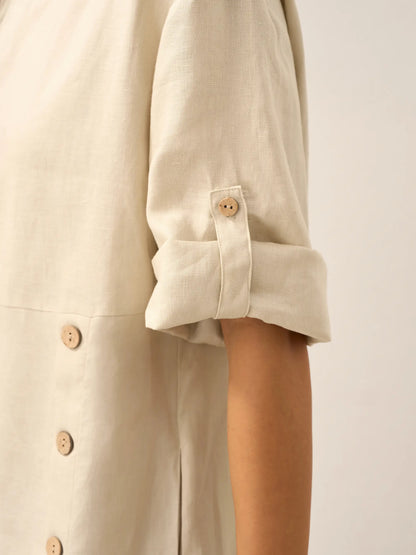 100% Linen Round Neck Button Detail Midi Dress JELENA by LINTICO