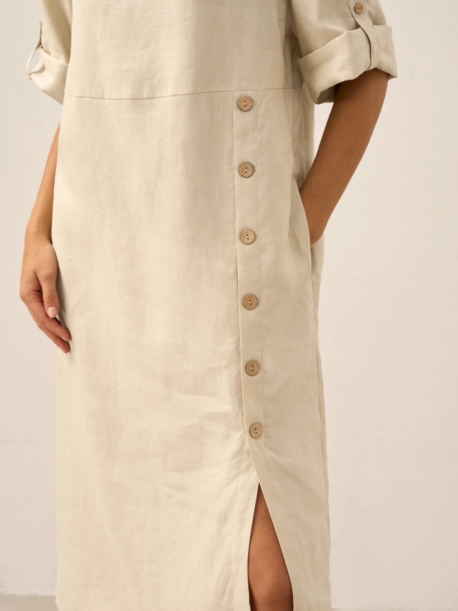 100% Linen Round Neck Button Detail Midi Dress JELENA by LINTICO
