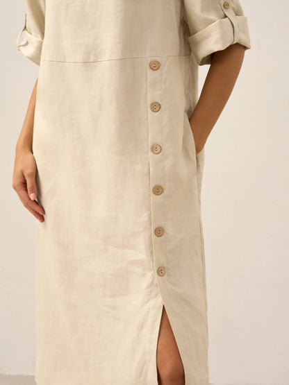 100% Linen Round Neck Button Detail Midi Dress JELENA by LINTICO