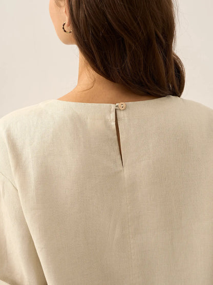 100% Linen Round Neck Button Detail Midi Dress JELENA by LINTICO