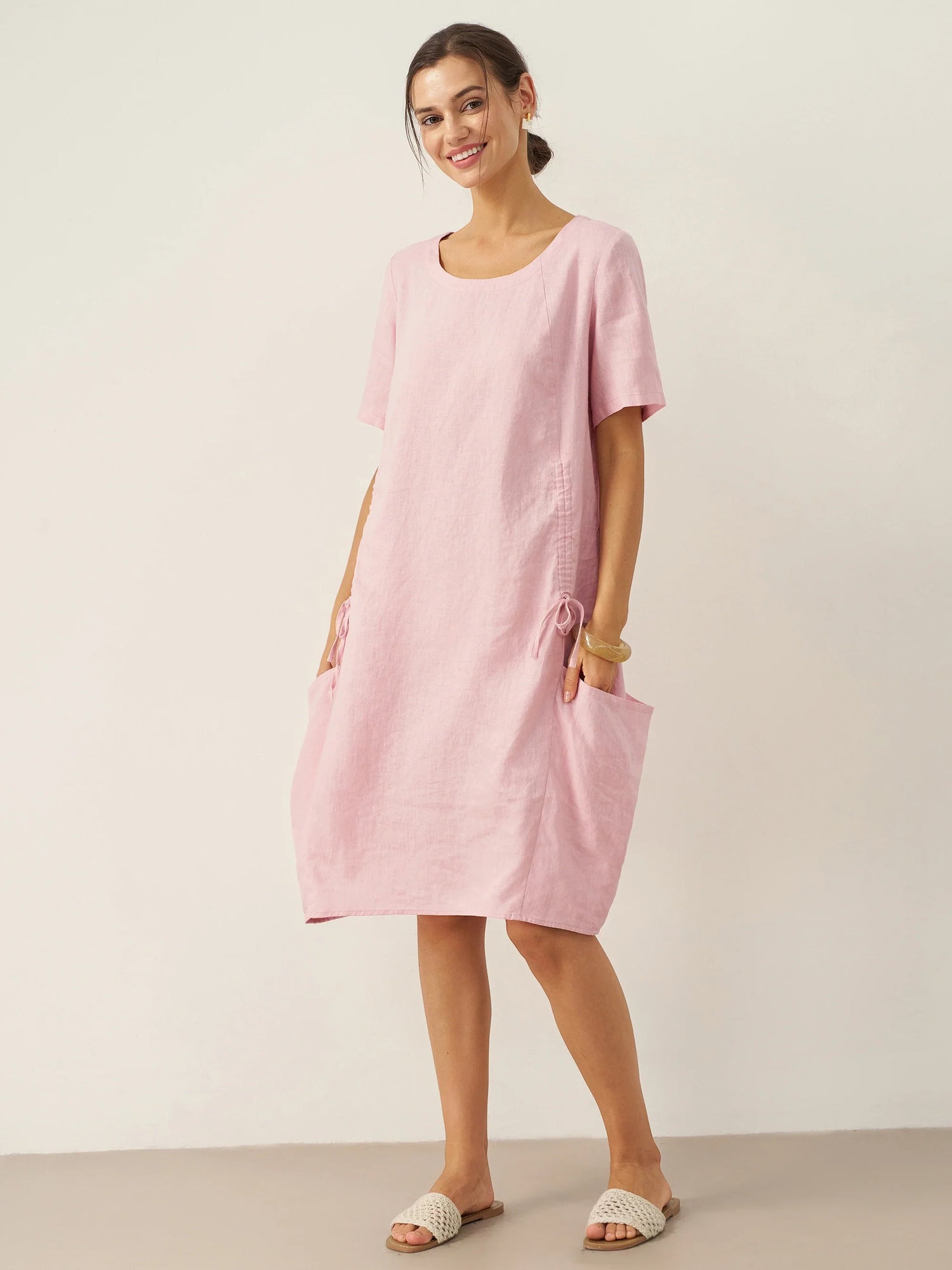 100% Linen Round Neck Patch Pocket Midi Dress XENA by LINTICO