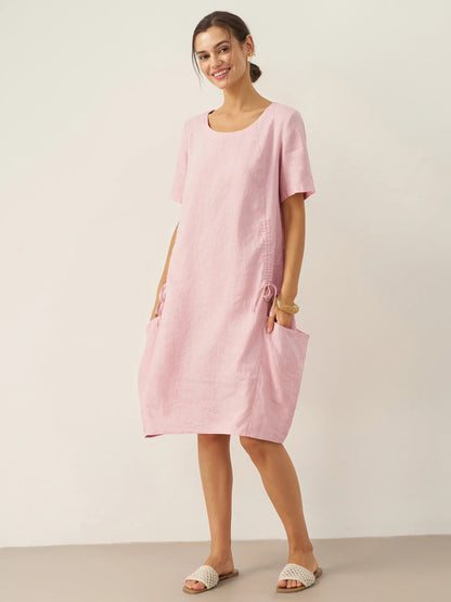 100% Linen Round Neck Patch Pocket Midi Dress XENA by LINTICO