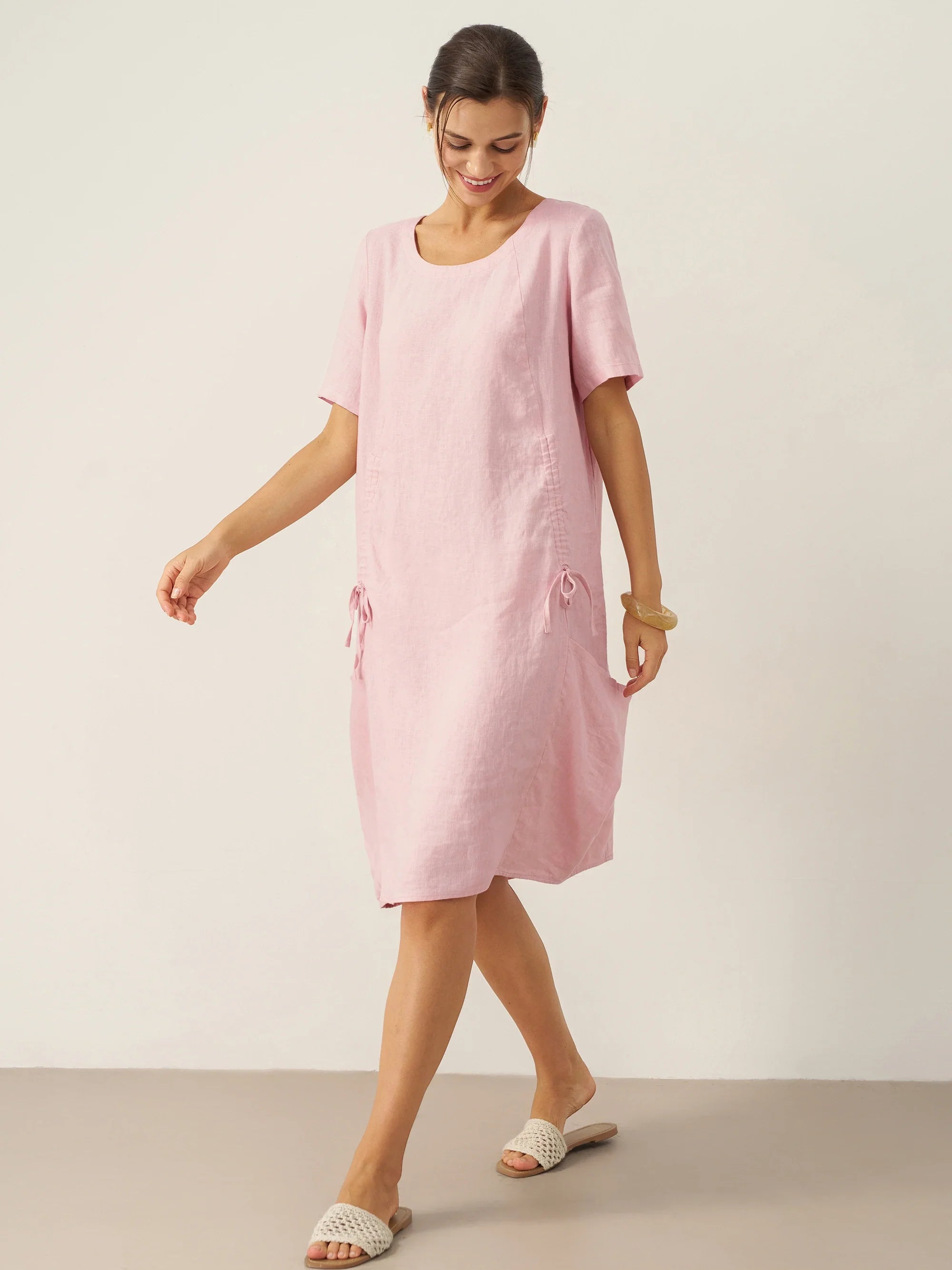 100% Linen Round Neck Patch Pocket Midi Dress XENA by LINTICO