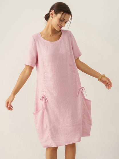 100% Linen Round Neck Patch Pocket Midi Dress XENA by LINTICO