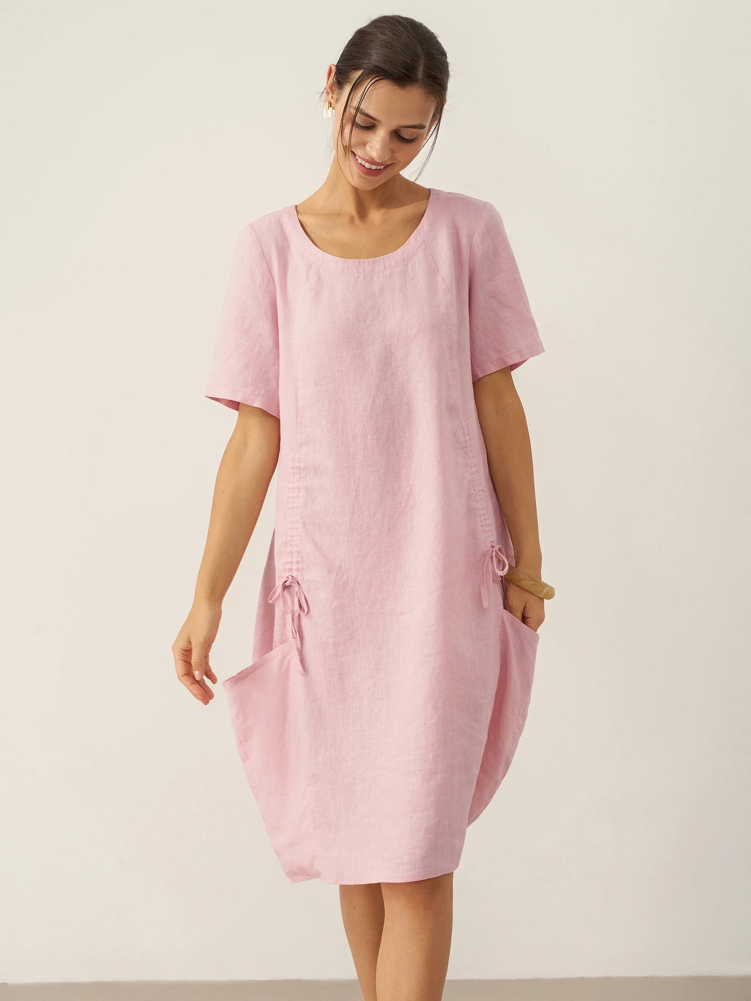 100% Linen Round Neck Patch Pocket Midi Dress XENA by LINTICO