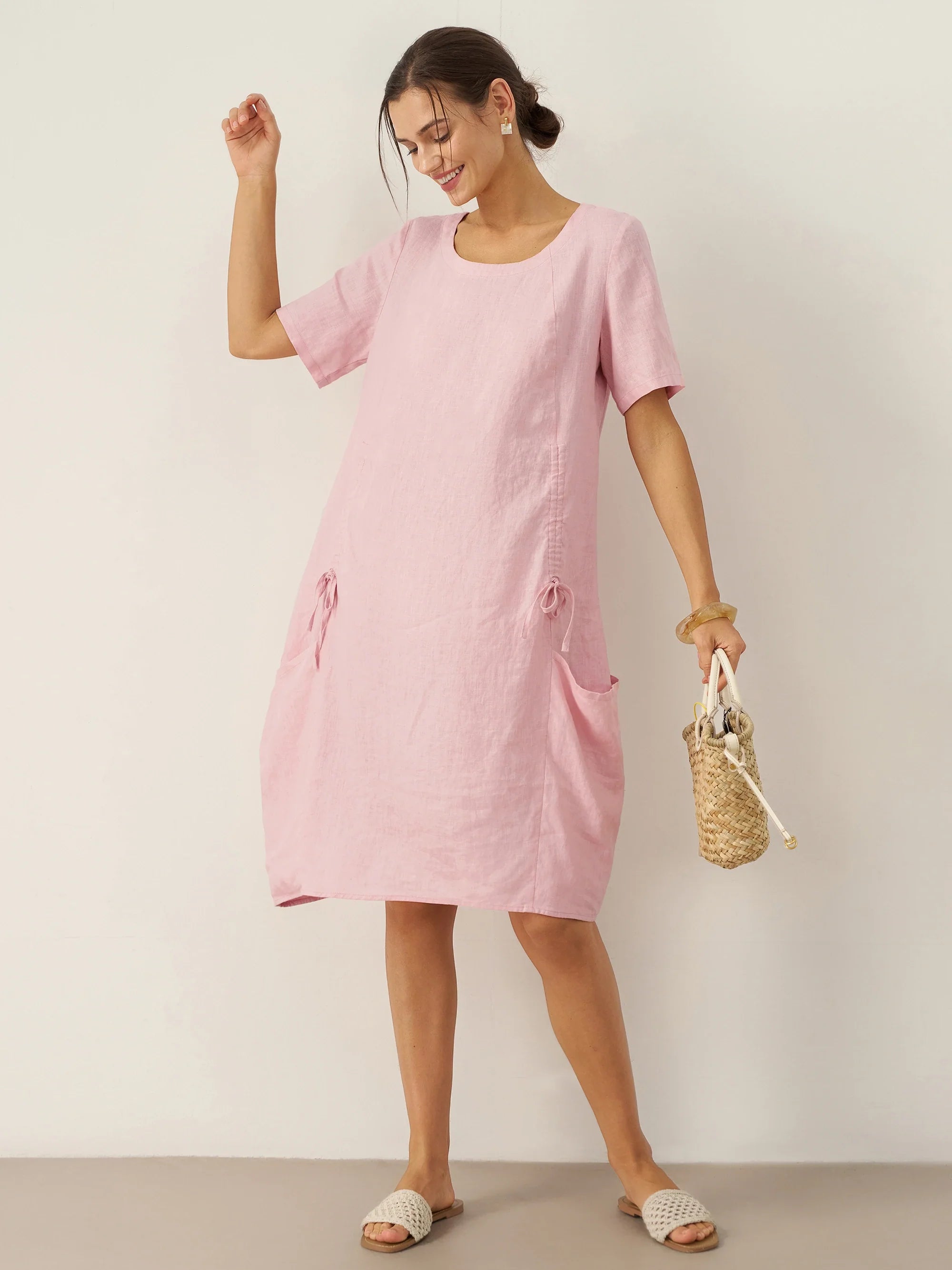 100% Linen Round Neck Patch Pocket Midi Dress XENA by LINTICO