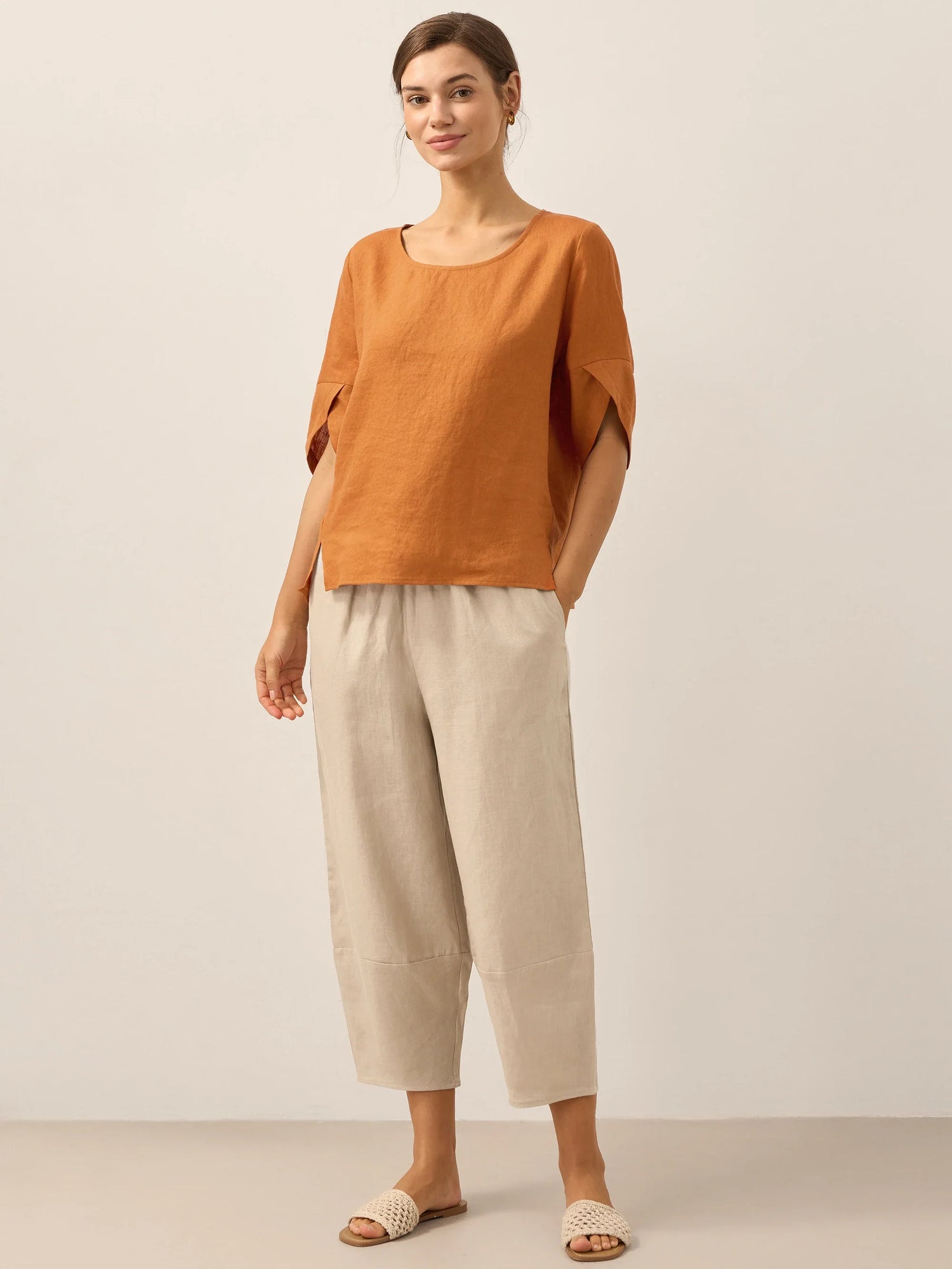 100% Linen Round Neck Petal-Sleeve Pullover LAUREL by LINTICO