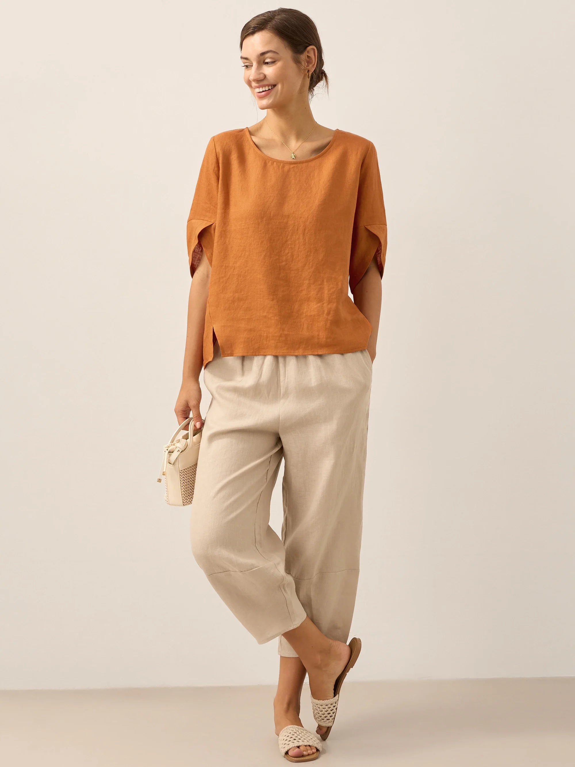 100% Linen Round Neck Petal-Sleeve Pullover LAUREL by LINTICO