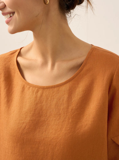 100% Linen Round Neck Petal-Sleeve Pullover LAUREL by LINTICO