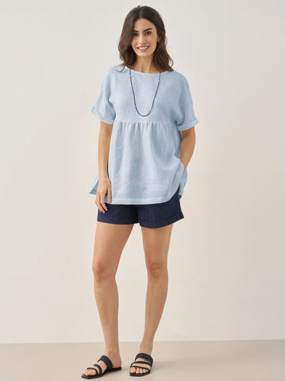 100% Linen Round Neck Pleated Pullover Top QUINLAN by LINTICO