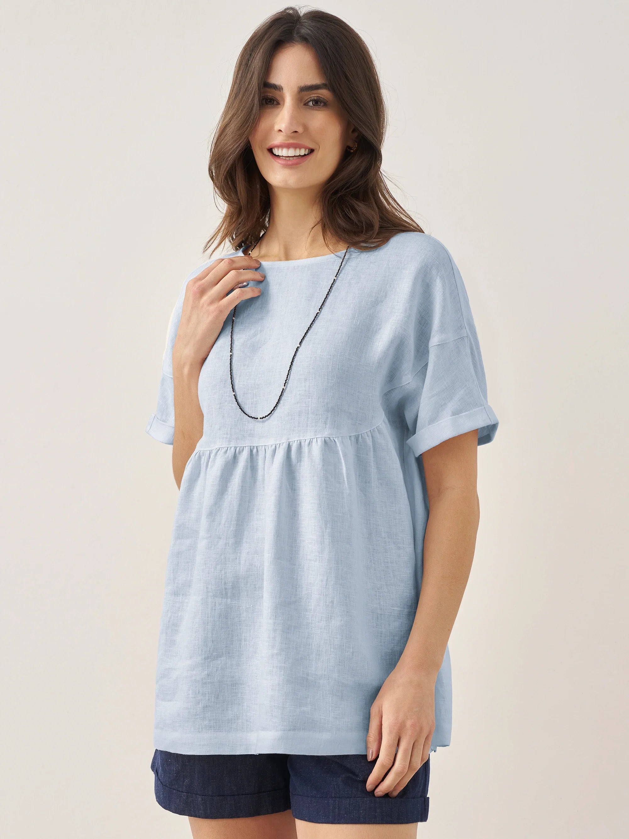 100% Linen Round Neck Pleated Pullover Top QUINLAN by LINTICO