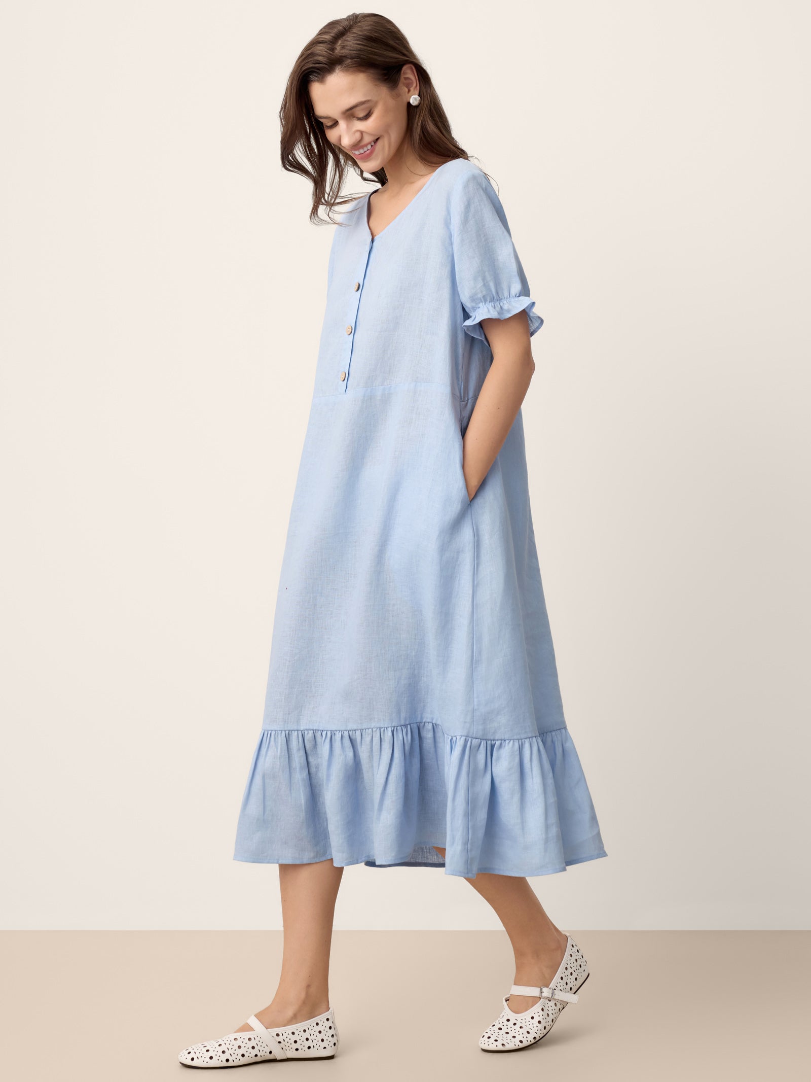 100% Linen Ruffle-Trim Belted Midi Dress LIVARA by LINTICO
