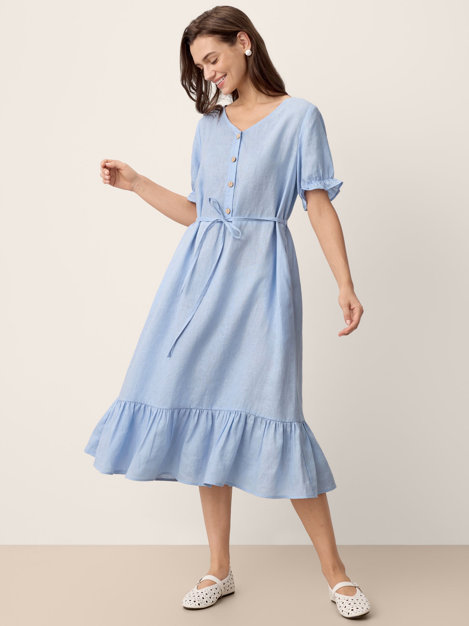 100% Linen Ruffle-Trim Belted Midi Dress LIVARA by LINTICO